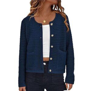 Prettygarden Navy Cardigan Long Sleeve Button Down Sweater Pockets Acrylic XL